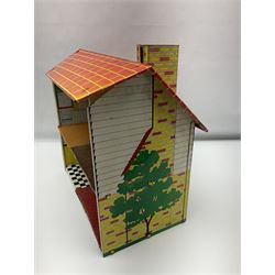 Mid-century Marx style tin dollhouse and quantity of dolls house furniture, H35cm