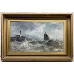 Stephen Frank Wasley (British 1848-1934): Heavy Swell off Scarborough Lighthouse, oil on canvas signed 60cm x 105cm