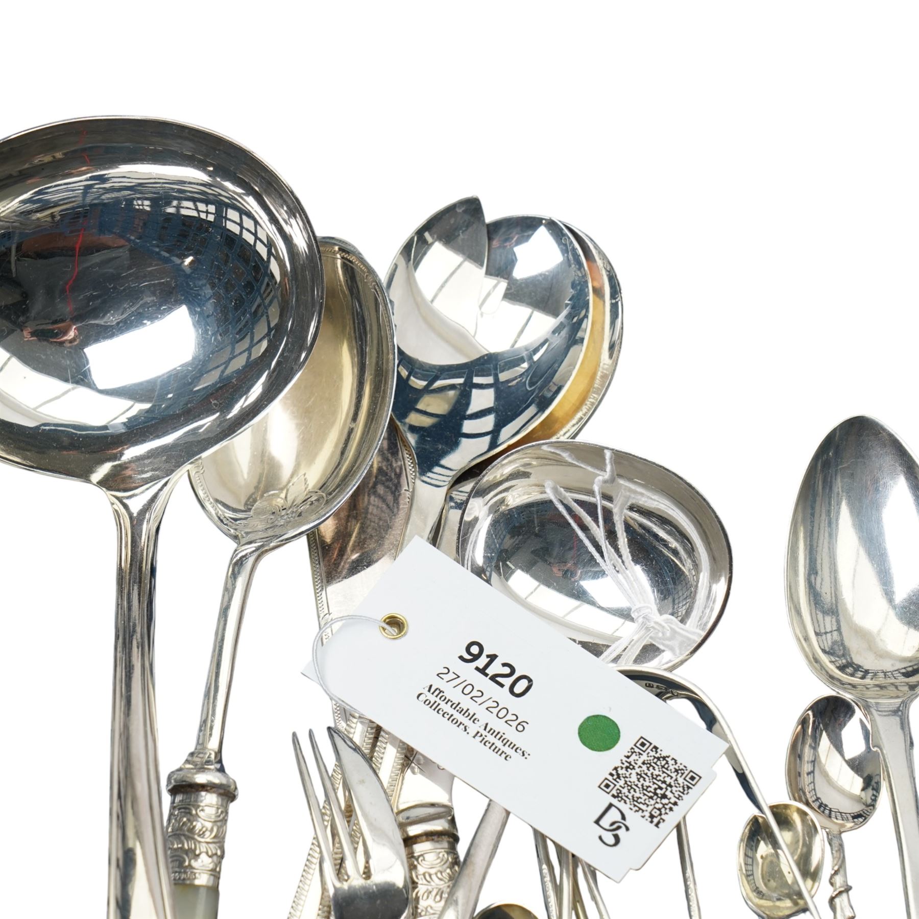 Pair of early 19th century silver sugar tongs, silver dessert spoon, silver tea spoon and various items of plated cutlery