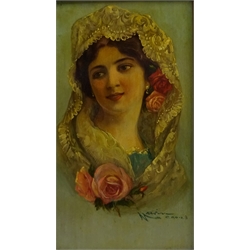  Emile Marin (French 1876-1940): Spanish Bride in a Mantilla Veil with Roses, oil on panel signed 'Marin Cadiz' 26cm x 15cm  