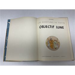 Twenty one first edition Herge, 'The Adventures of Tin Tin' books published by Casterman Bruxelles, with French text and coloured comic strip illustrations throughout; comprising Tintin Au Congo 1946, Tintin En Amerique 1946, Les Cigares du Pharaon 1955, Le Lotus Bleu 1946, L'Oreille Cassee 1943, L'ile Noire 1943, Le Sceptre d O'ttokar 1947, Le Crabe Aux Pinces D'or 1943, L'Etoile Mysterieuse 1942, Le Secret de la Licorne 1943, Le Tresors de Rackan Le Rouge 1945, Les 7 Boules de Cristal 1948, Le Temple du Soleil 1949, Au Pays de L'Or Noir 1950, Objectif Lune 1953, On a Marche sur la Lune 1954, L'Affaire Tournesol 1956, Coke en Stock 1958, Tintin au Tibet 1960, Les Bijous de la Castafiore 1963 and Vol 714 Pour Sydney 1968
