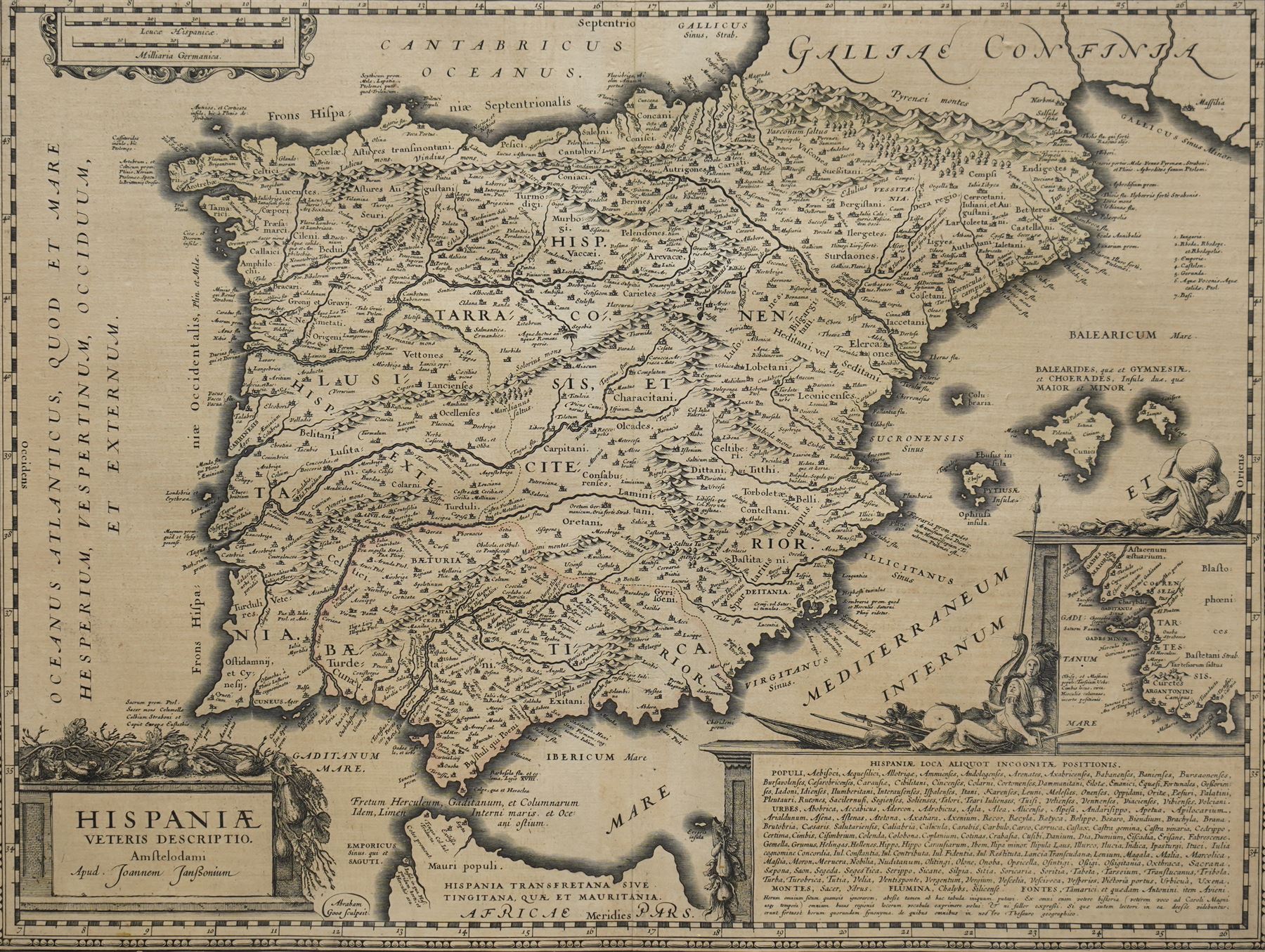 Jan Jansson (Johannes Janssonius) (Dutch 1588-1664): Hispaniae Veteris Descriptio (Iberian Peninsula Spain), 17th century engraved map pub. c.1638, 42cm x 52cm