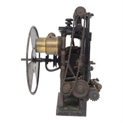 Early 20th century French cine film projector, impressed plate verso 'Pathe Freres Becker 23976', with geared mechanism, all mounted on a heavy black lacquered cast iron frame, H30cm