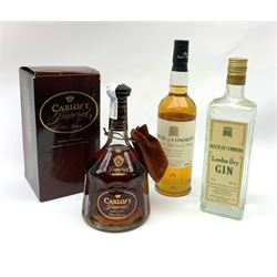 House of Commons 8 year old Malt Scotch Whisky, 70cl, 40%vol, House of Commons London Dry Gin, 75cl, 40%vol and a bottle of Carlos I Imperial Brandy De Jerez Pedro Domecq, 70cl, in card box with glass stopper (3)