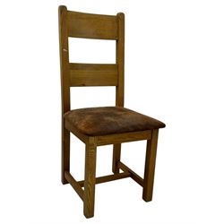 Solid oak extendable dining table and set of four matching chairs, two leaf inserts, with breadboard ends on tapered square supports (Extended length 205cm)