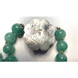 Chinese jade bead necklace with silver open work clasp with a cabochon greenstone/possibly jade bead necklace, signed Liu with Chinese character marks