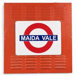 London Underground enamel target/bullseye sign for 'Maida Vale', mounted to red metal vent...