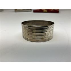 Set of six 1960's silver coffee spoons, hallmarked Sheffield, contained within a fitted case with interior inscribed Harrods, together with a silver napkin ring, hallmarked Birmingham, and a silver plated photograph frame, approximate silver weight 68.4 grams