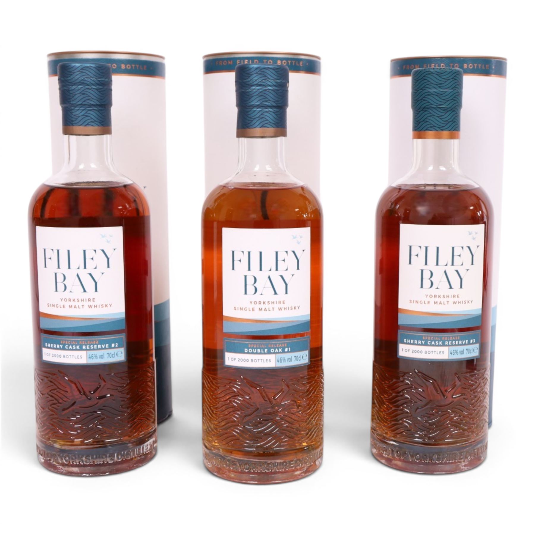 Sprit of Yorkshire Distillery, Filey Bay Sherry Cask Reserve #2  single malt whisky, 70cl 46% vol, Sherry Cask Reserve #3  single malt whisky, 70cl 46% vol and Filey Bay Double Oak #1  single malt whisky, 70cl 46% vol