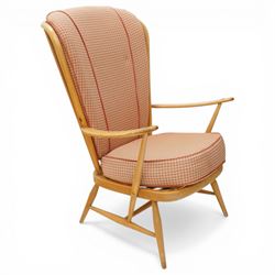 Ercol - Model 478 evergreen light elm and beech armchair, hoop back design curved arms, two crimson checked loose cushions, raised on tapering legs with H-stretcher