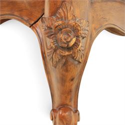 And So To Bed - 'Louis XV' large cherrywood chest, bowed shaped top above three long graduating drawers, blackened metal handles and escutcheons, raised on scrolled supports with carved foliate knees 