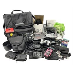 Quantity of camera accessories and equipment, to include boxed Canon EFS 17-55mm IS lens, Canon 59s camera, Olympus camera, etc