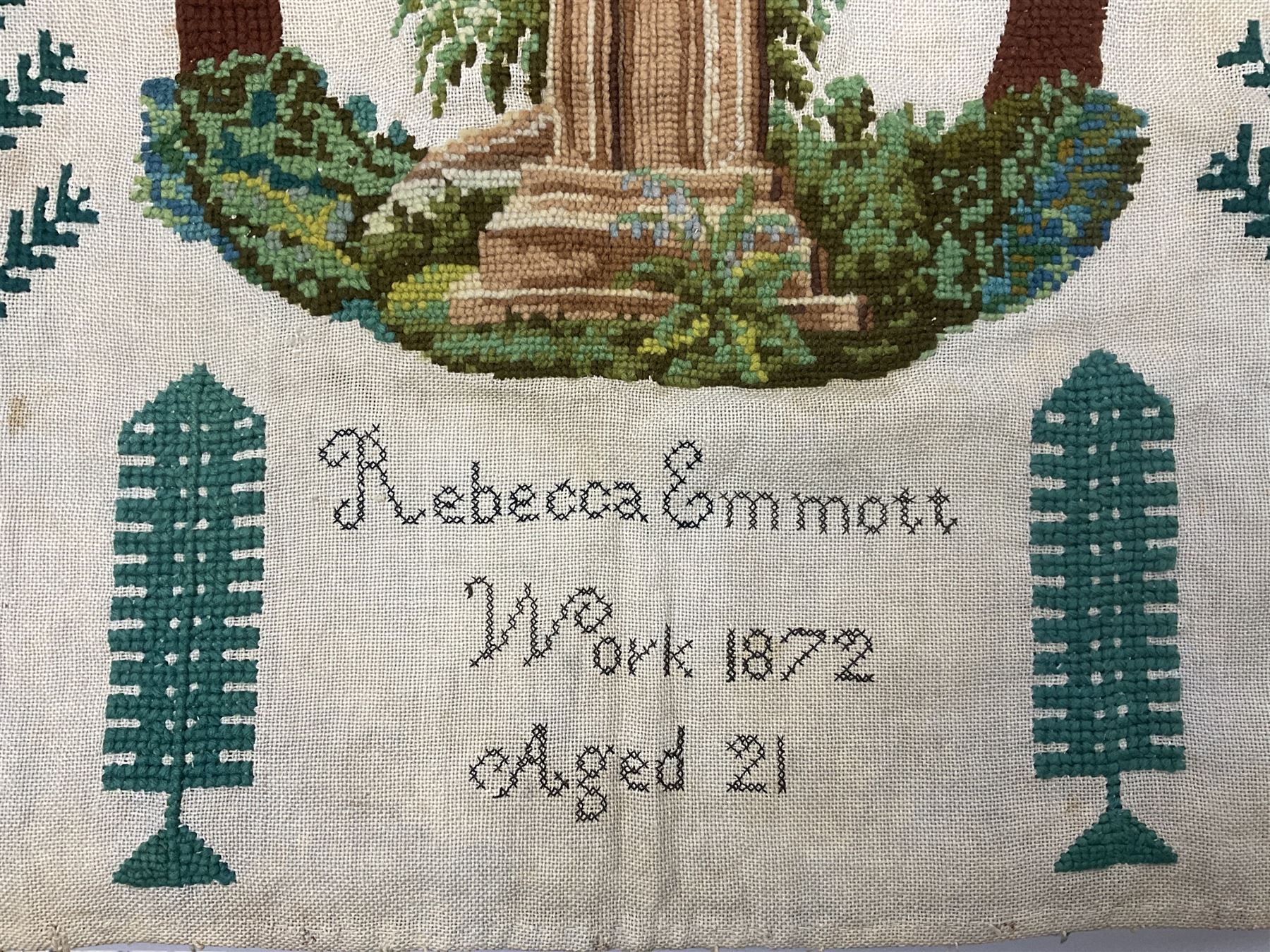 Victorian needlework  picture and verse sampler, 'In memory of Joshua Thomas who died Sep 22nd 1871 age 45', worked by Rebecca Emmott 1872 age 21, H66cm, W61cm 