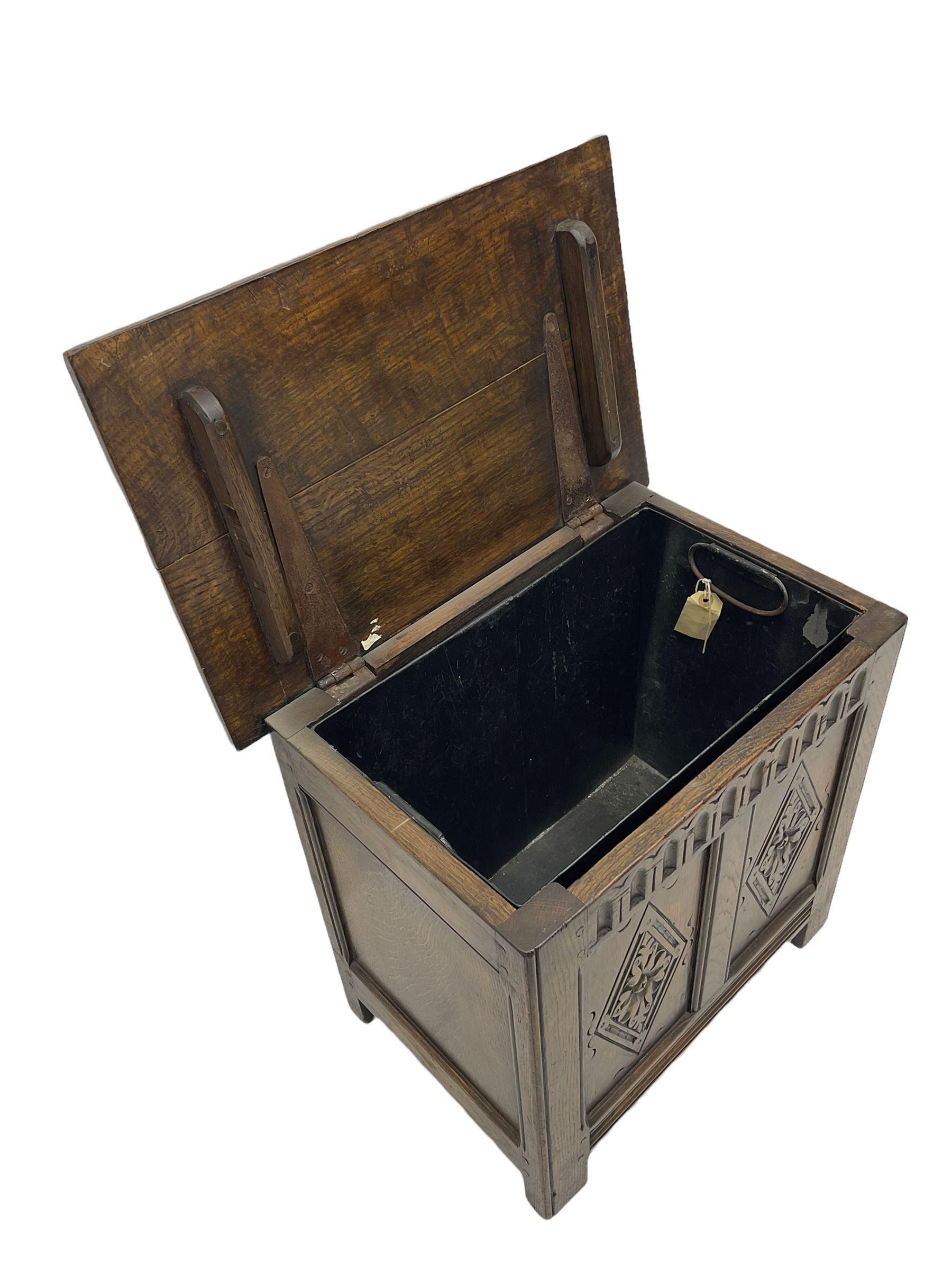 Tudor style oak coal type box with hinged top, with tin liner; and a coopered bucket (2)
