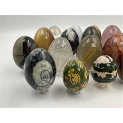Collection of twenty-one hardstone specimen eggs, including labradorite, calcite, orbicular jasper, tiger's eye, smokey quartz, fossilised wood etc, originally part of the collection of the late Stanley J Seeger