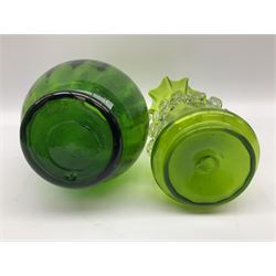 Murano green glass twin handled vase, and Victorian green glass vase with trailed decoration 