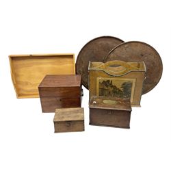 Three mahogany boxes, one with recessed brass carry handle to cover, together with a magazine rack, and three trays, including two circular examples, in two boxes 