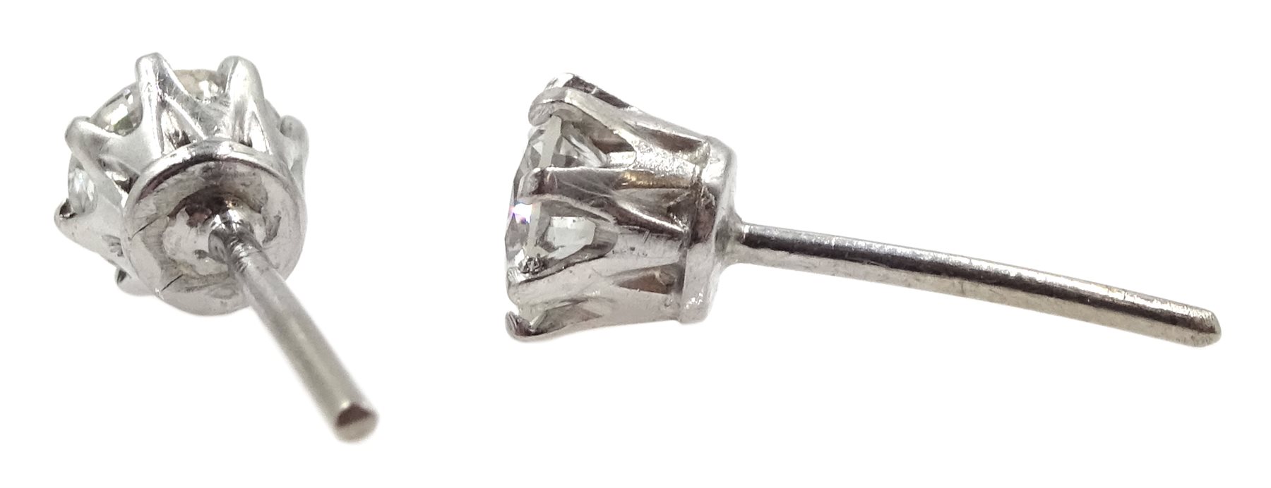Pair of 18ct white gold round brilliant cut diamond stud earrings, total diamond weight approx 0.80 carat