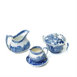 Spode Italian pattern tea and dinner wares, including tureen with black back stamp, all others with blue backstamp, including plates with pierced borders, large bowl, jug, covered sucrier, and others