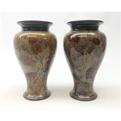  Pair Royal Doulton stoneware baluster form vases decorated in the Natural Foliage pattern, impressed marks, H22cm  