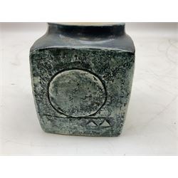 Troika cube vase, designed by Sally Bart, with a geometric design, with painted marks to base, H9.5cm.