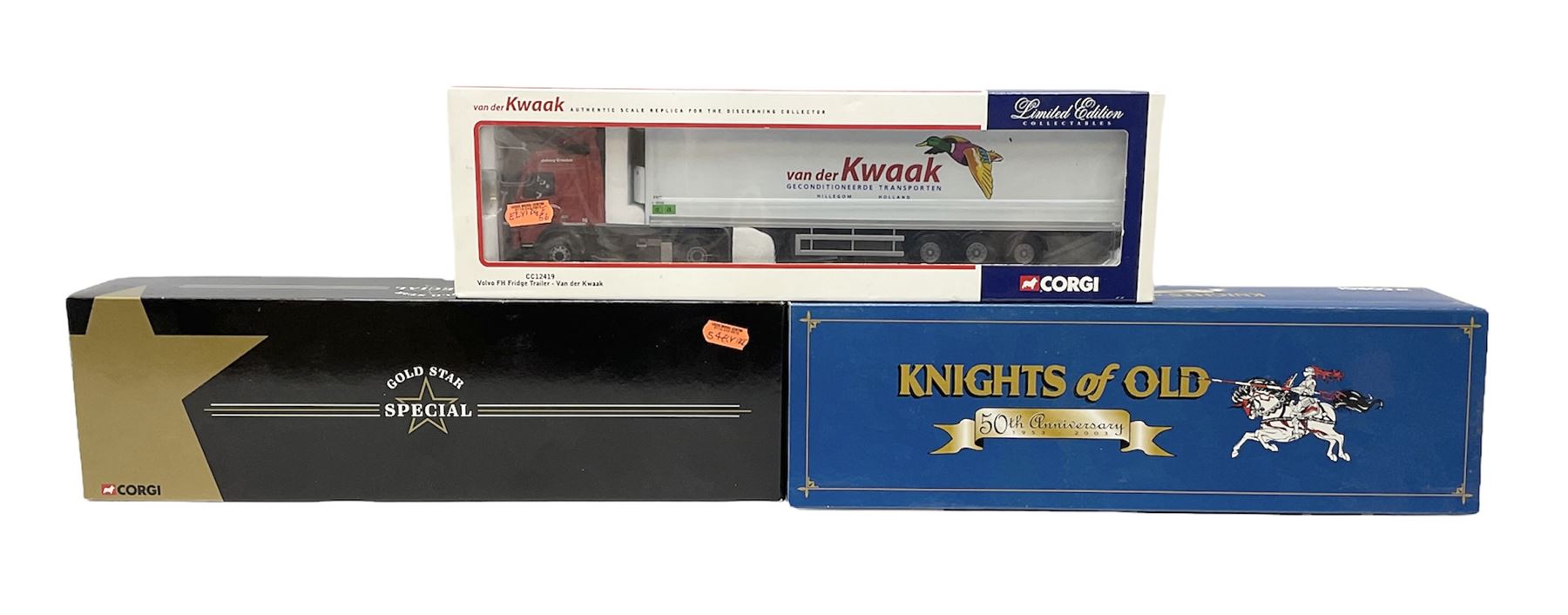 Three Corgi 1:50 scale lorries - Gold Star Special ERF EC Petrol Tanker - BP No.CC11907; limited edition Knights of Old 50th Anniversary 1953-2003 Scania Topline Curtainside No.12911; and limited edition Volvo FH Fridge Trailer - Van der Kwaak No.CC12419; all boxed (3)