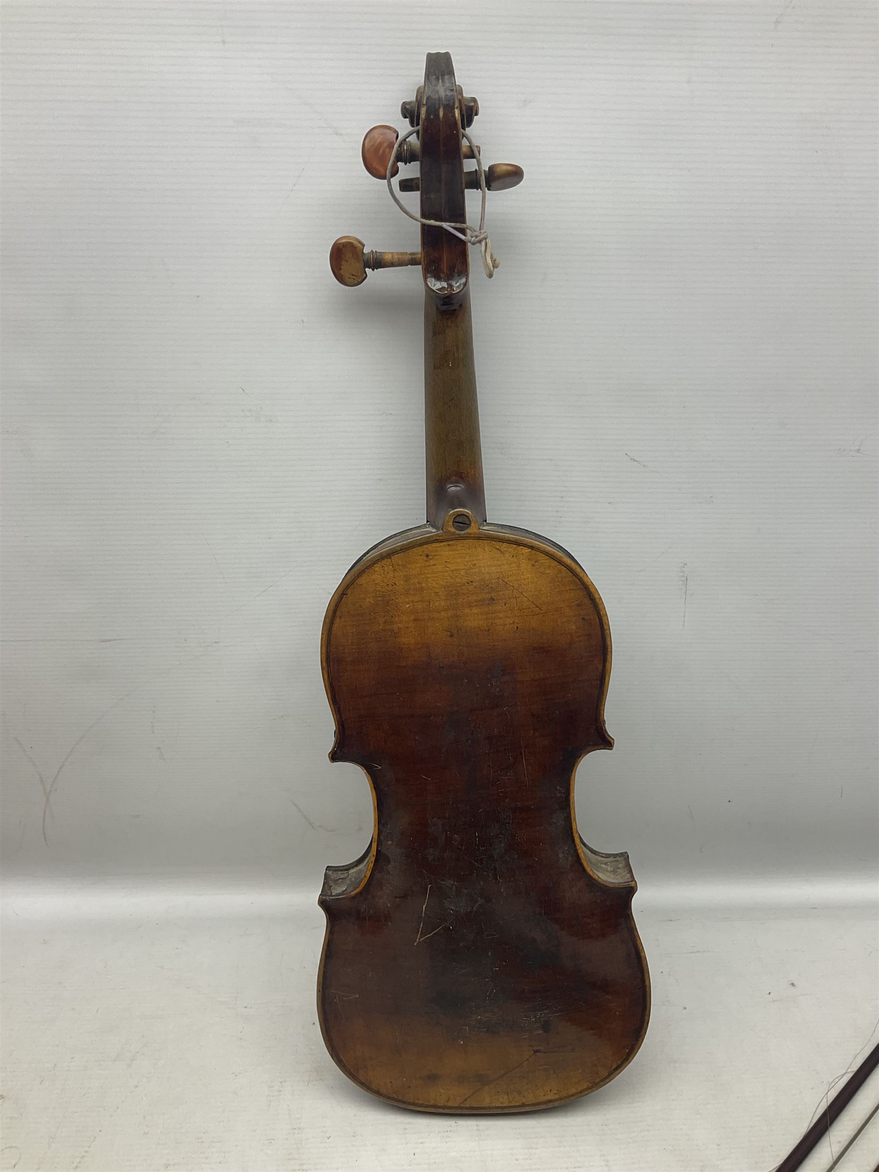 Incomplete amateur made violin c1880 for restoration and completion with 36.5cm one-piece maple back and ribs and spruce top L59.5cm; together with two brazilwood violin bows and pernambuco cello bow, all with nickel mounts (4)