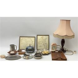Aynsley portland ware mantel clock, with peacock design, along with a wooden table lamp and lampshade, a collection of metal ware including a walker and hall covered dish and tray, flatware etc. 