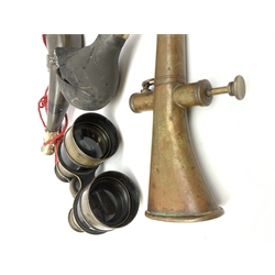 Copper single valve hunting horn of curved and tapering oval form L17cm; nickel and cow-horn hunting horn with stag and archer mounts; another small car type brass horn; two pairs of binoculars, one in calf leather case; and military portable brass and iron suspension scales marked Hill Resilient Henston with two broad arrows and BC3960 1955 (6)