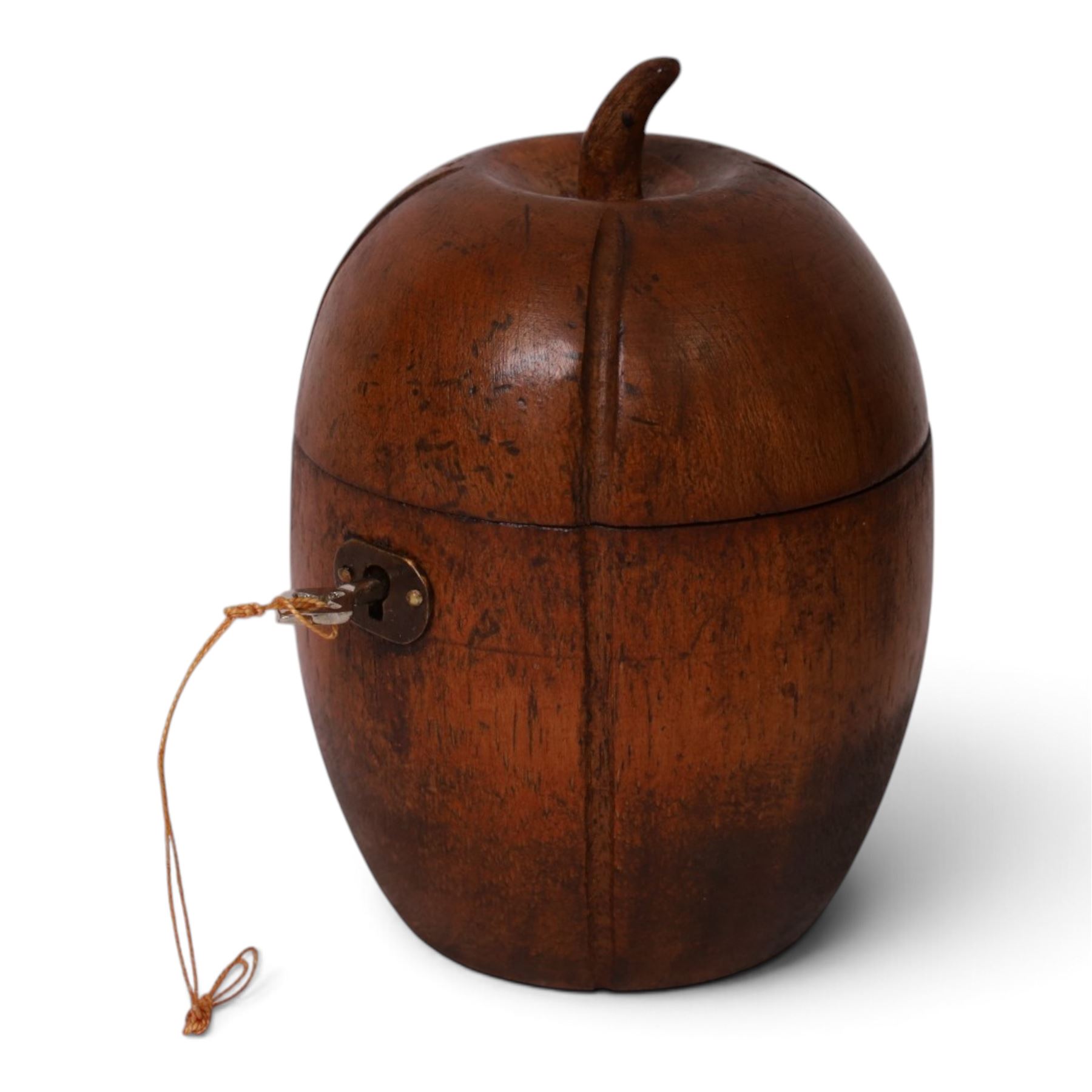 Wooden tea caddy in the form of a melon, in the Georgian style, with key, H15cm