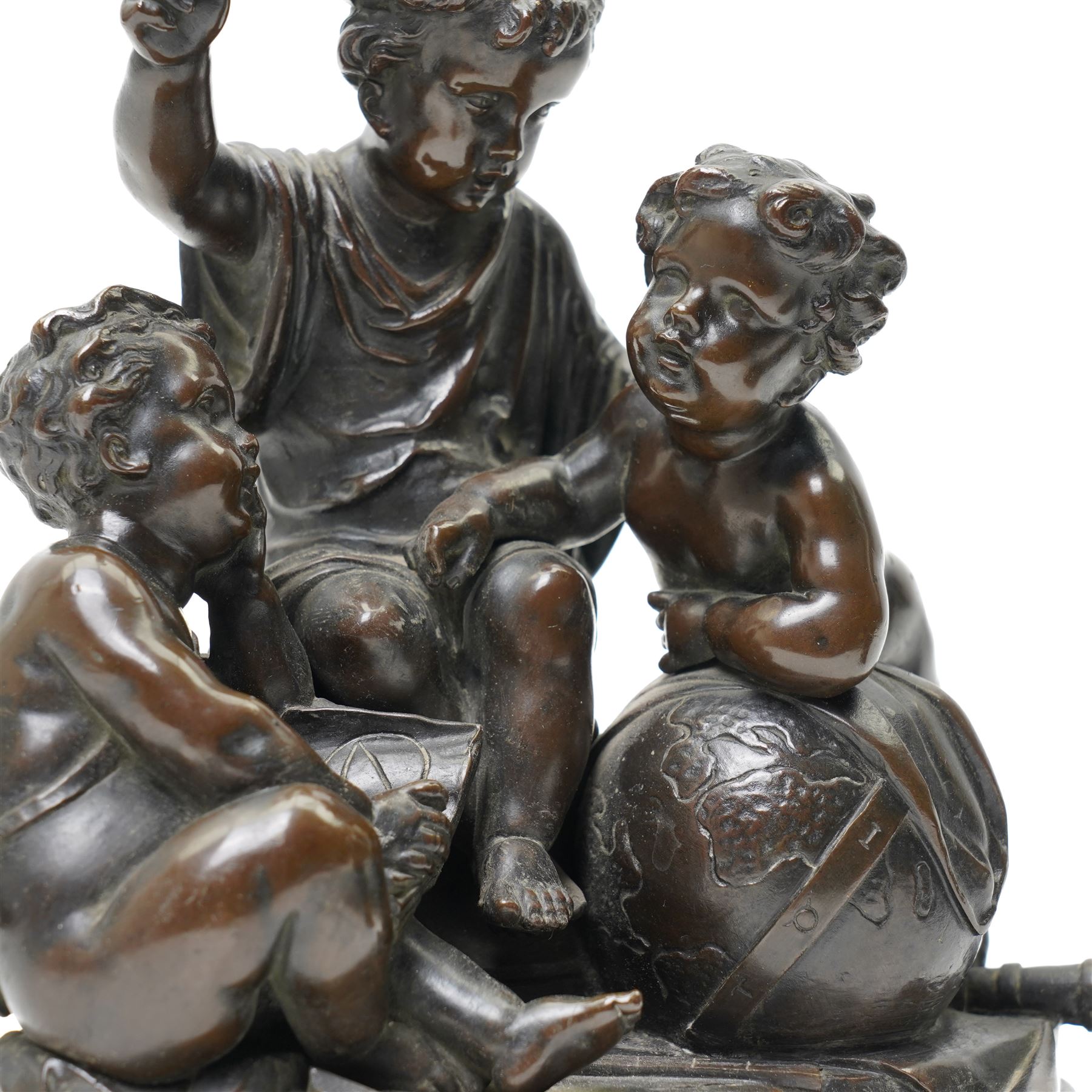 After Louis Valentine Elias Robert (French 1821-1874); pair of 19th century allegorical bronze groups, modelled as putti learning about the arts and sciences, bearing signature to the plinth, H17cm (2)