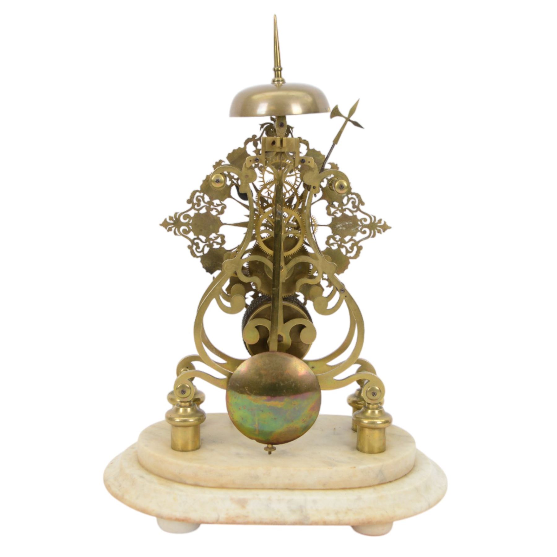 Joseph Wilkinson of South Street, Sheffield - single train 8-day skeleton clock c1860, mounted on an oval stepped white marble base with bun feet, finely pierced and fretted dial with engraved Roman numerals each on a shield background, scroll pattern five pillar frames engraved with the retailers name and surmounted by a silvered bell and spire, chain driven fusee movement with five spoke wheels, deadbeat escapement and passing single strike on the hour. With key and pendulum.