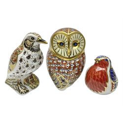 Three Royal Crown Derby paperweights, comprising Owl, Song Thrush and Robin, all with gold stoppers and printed marks beneath, H12cm