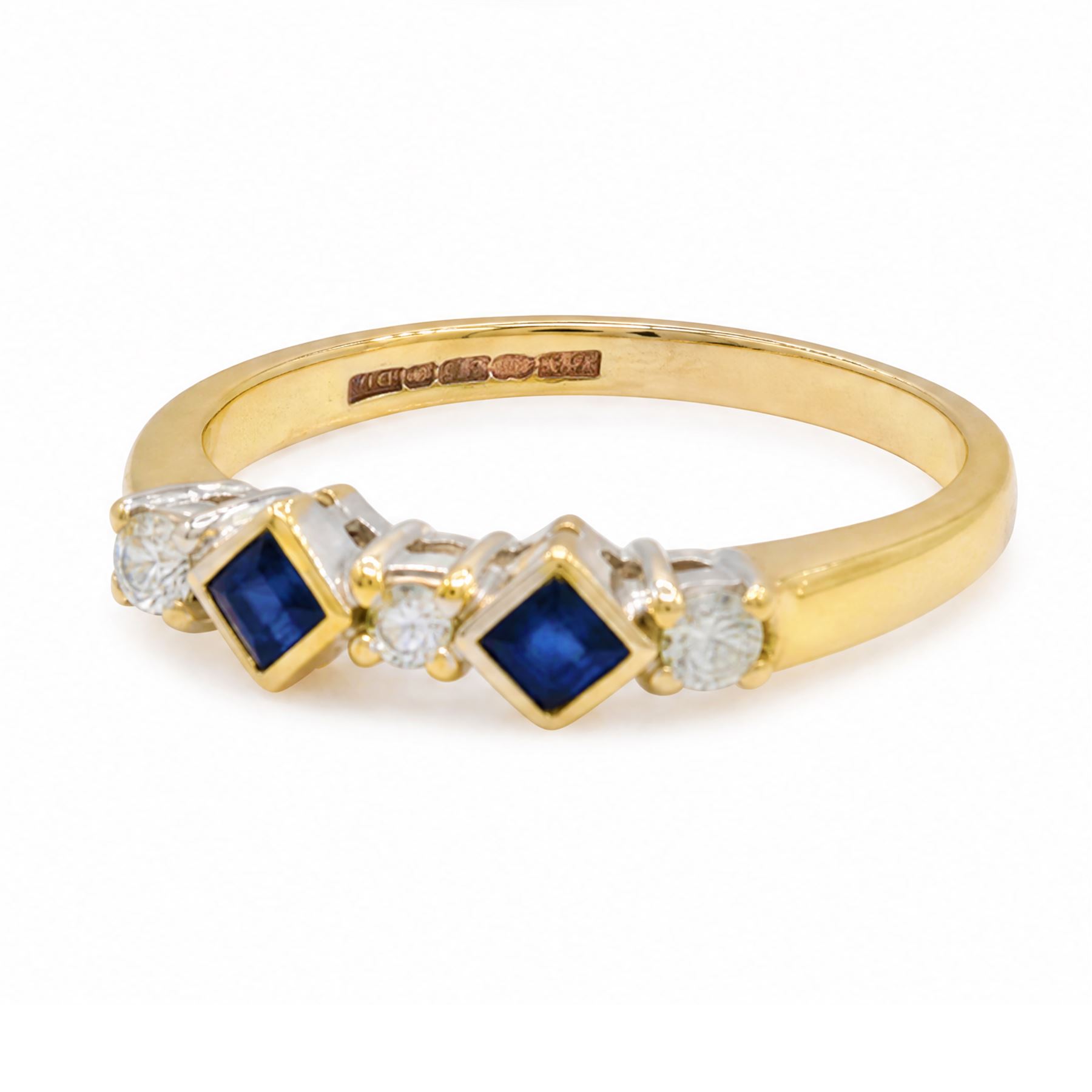 9ct gold sapphire and diamond ring, two square cut sapphires spaced by three round brilliant cut diamonds, hallmarked, total diamond weight approx 0.20 carat
