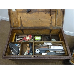  Two large wooden tool chests containing a quantity of hand tools, locks etc  