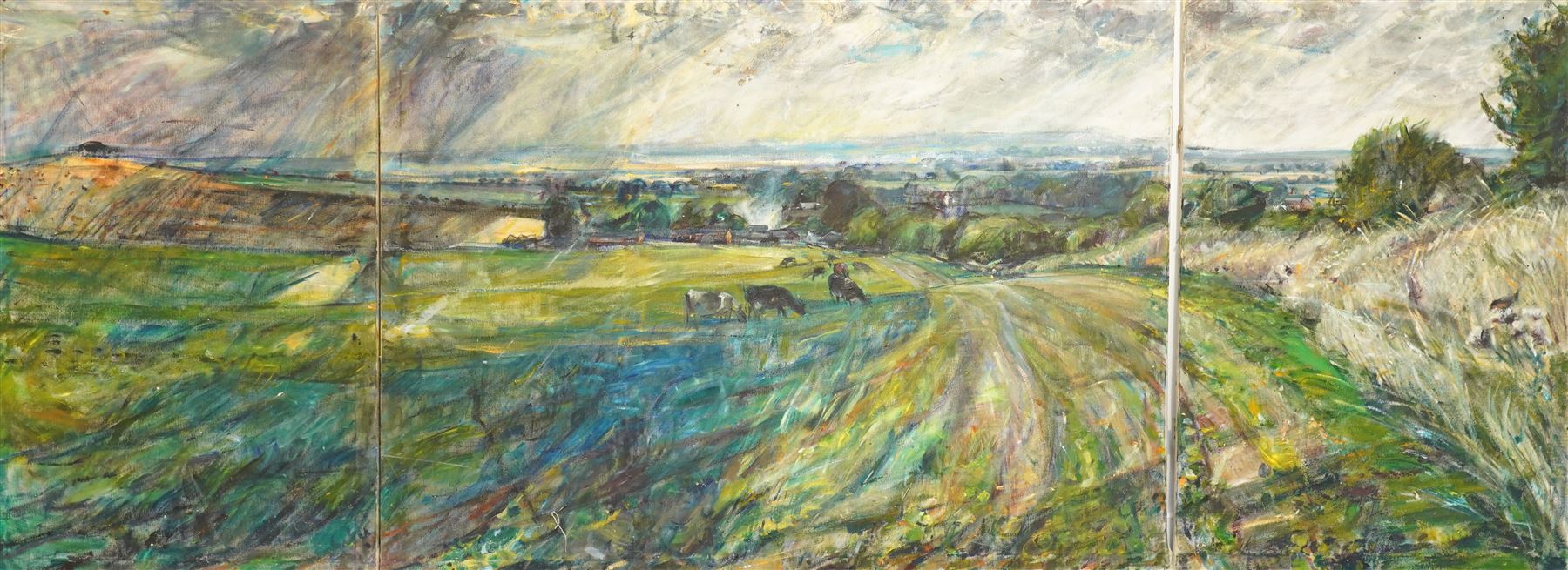 John Gilbey Bowles (British 1929-2011): The Passing of the 'Summer Storm', triptych of three oils on canvas signed, overall 267cm x 100cm
Notes: exhibited at Williamson Art Gallery, Birkenhead