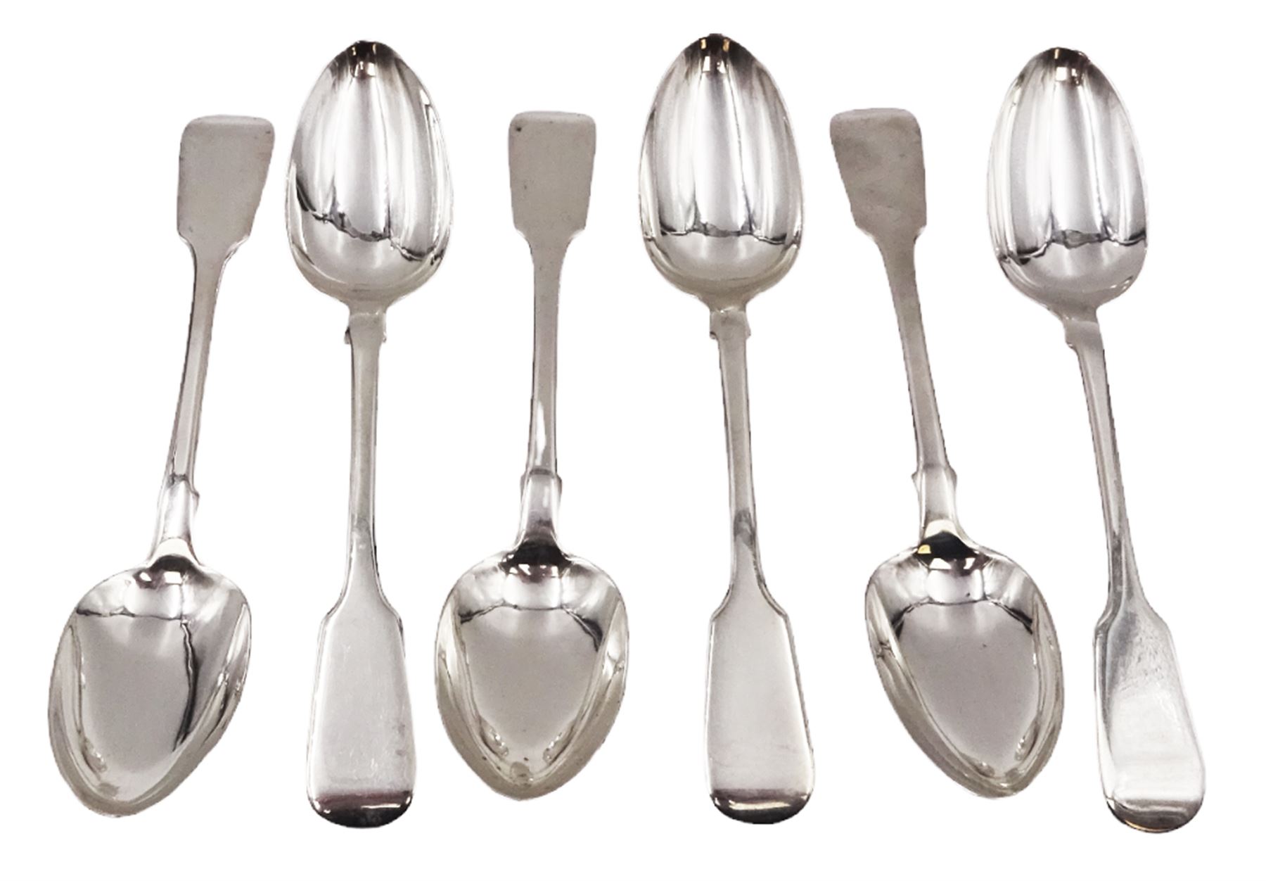 Set of six Victorian Irish silver Fiddle pattern dessert spoons, hallmarked George Waterhouse & Co, Dublin 1847