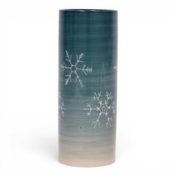 Dennis China Works trial vase of cylindrical form, decorated with snowflakes on a green gr...