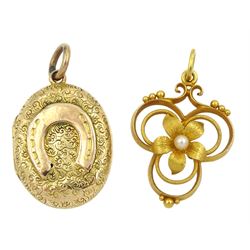 Early 20th century gold openwork flower pendant, set with a pearl and a 15ct gold horseshoe locket pendant