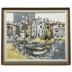 Bernard Dufour (French 1922-2016): Boats Moored, mixed media on board signed together with an etching and two mixed medias max 36cm x 45cm (4)