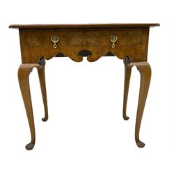 Queen Anne style figured walnut lowboy, moulded rectangular top with band,  over shaped apron fitted with two drawers, on cabriole supports