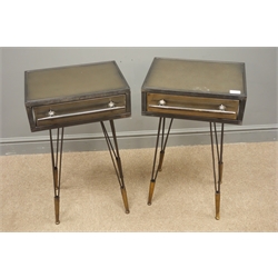  Pair industrial style bedside cabinets, single drawer, hairpin legs, brass cone feet,  H69cm, W41cm, D34cm  
