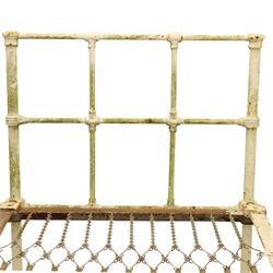 19th century wrought iron single bed, white frame with knot details, frame with wire and spring supports