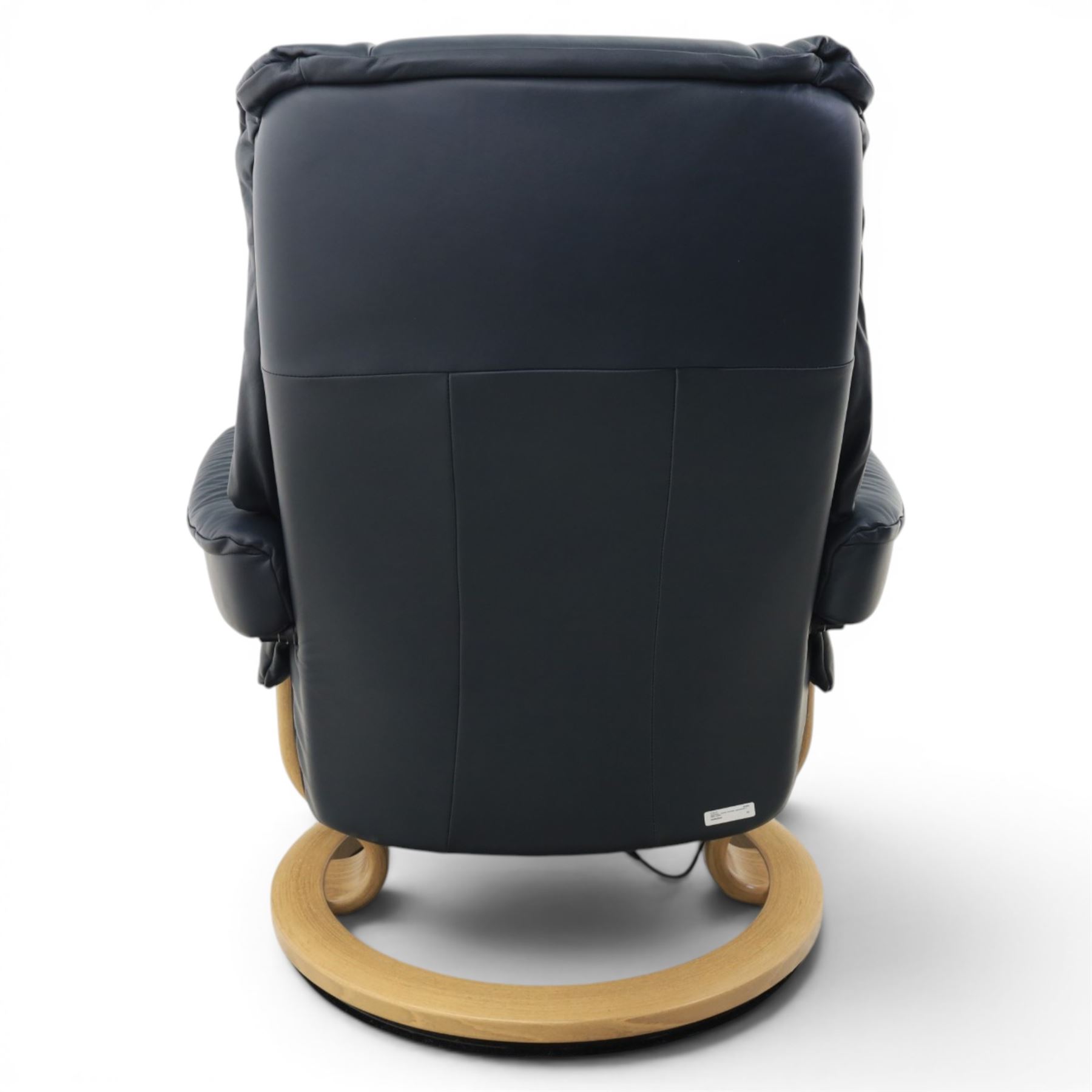 Ekornes - Stressless 'Mayfair, Classic Power' motorised swivel recliner armchair, size medium, upholstered in blue leather, raised on an oak finish frame