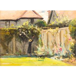 Circle of Sir John Lavery (Irish 1856-1941): Trimming Roses, oil on board unsigned 28cm x 38cm