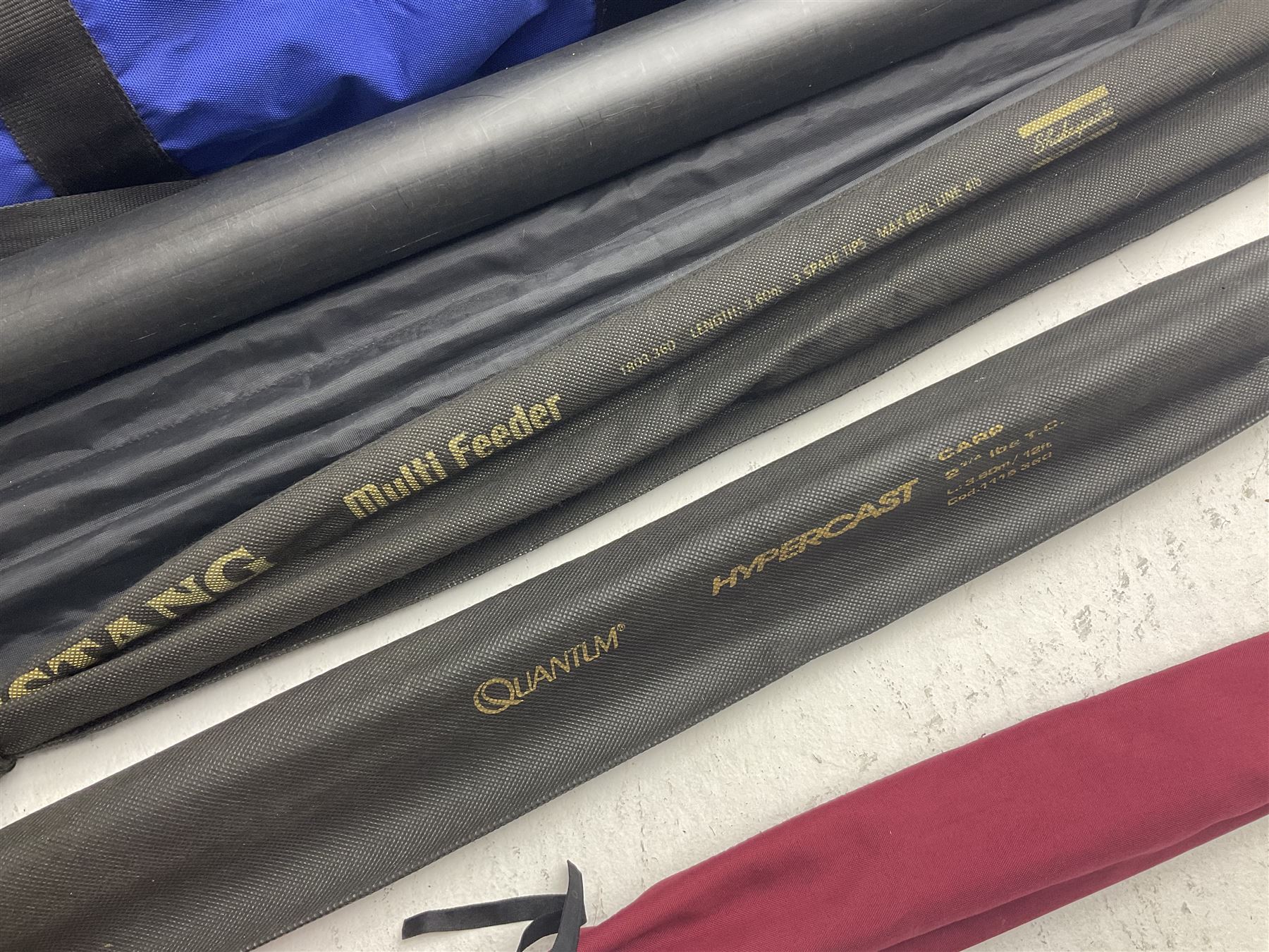 Fishing equipment, comprising reels to include Daiwa No.7300, boxed, Quick GLX 840, Quantum Heat BCS 350, okuma etc, together with various tackle, various poles, split canes and rods to include Middy Xtreme, Shakespeare Quo Carp, etc, many in bags