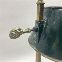 19th century brass Bouillotte candle lamp with adjustable green tole painted shade, with a circular base and snuffer, H36cm