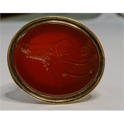 Victorian gold carnelian seal fob, engraved initial decoration with lion paw