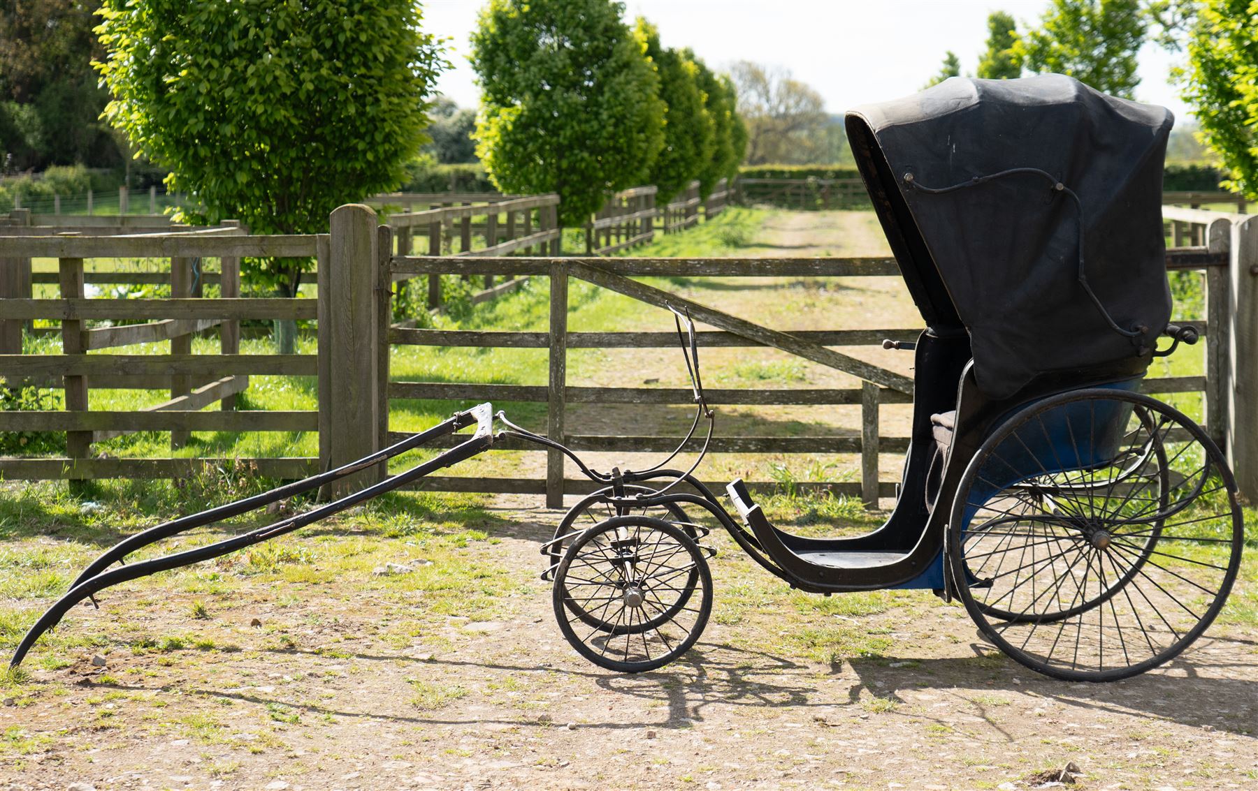 Victorian Bath Chair / Invalid Carriage Converted for Horse Drawn Use

A Victorian bath chair or invalid carriage, later converted for horse drawn use, with black painted bodywork, blue side panels, folding black leather hood and upholstered single passenger seat. The carriage is fitted with large rear wire spoked wheels, smaller front steering wheels, long shafts, footwell and curved body sides, consistent with a late nineteenth century invalid carriage or bath chair form adapted for pony or light horse use.

Features

Bath chair or invalid carriage form
Later converted for horse drawn use
Folding black leather hood
Single upholstered passenger seat
Deep footwell
Black painted body with blue side panels
Large rear wire spoked wheels
Smaller front steering wheels
Long shafts
Lightweight carriage frame

Dimensions:
Overall length: 380 cm
Body length: 204 cm
Width: 88 cm
Height: 178 cm

Wheel Diameters:
Front wheels: 47 cm
Rear wheels: 88 cm

Seating:
Driver: 1
Passenger: None