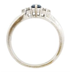18ct white gold seven stone, round brilliant cut blue and white diamond ring, hallmarked, blue diamond approx 0.20 carat